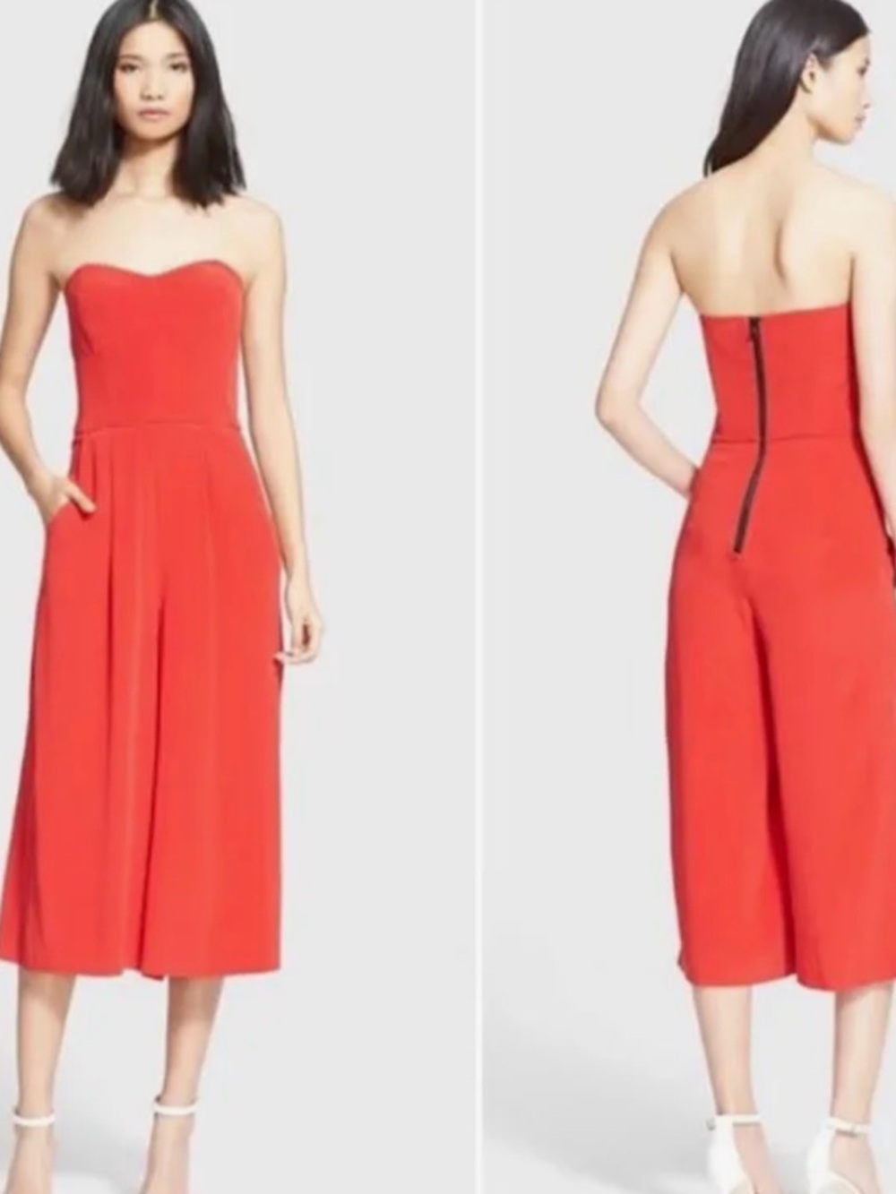 Milly Strapless Coral-Red Cropped Wide-Leg Jumpsuit